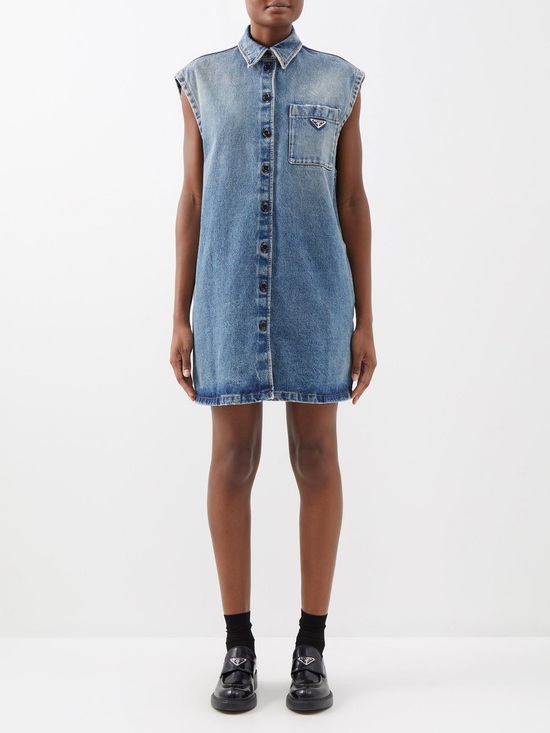 Prada Dresses & Skirts - Prada Sleeveless Denim Shirt Dress – Light Wash, Triangle Logo, IT 40